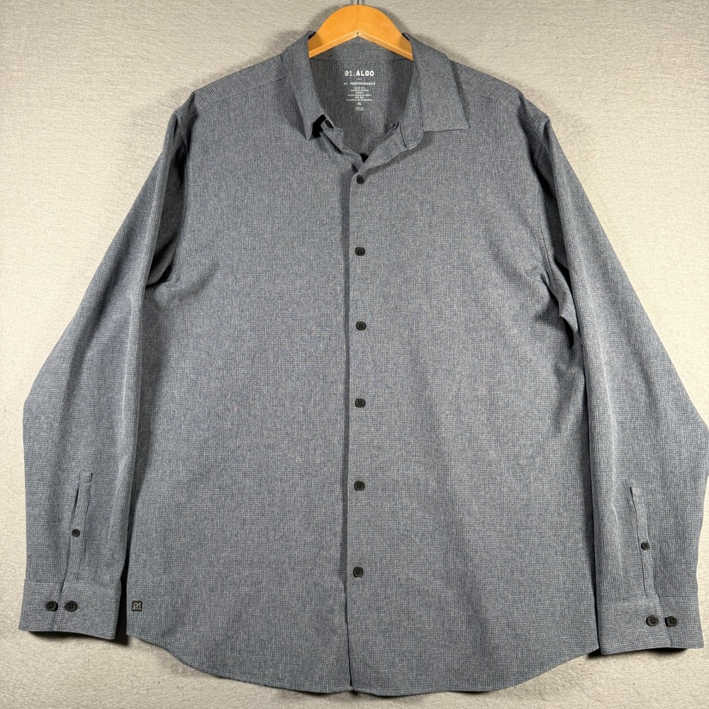 01.ALGO Men XL Blue Mini Check Performance Stretch Long Sleeve Button Down Shirt
